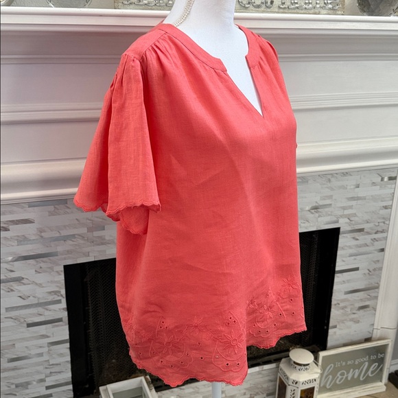 Chico’s Linen Embroidered Hem Blouse in Melon Mambo Chicos size 2.5 or 14 Large - Picture 9 of 14